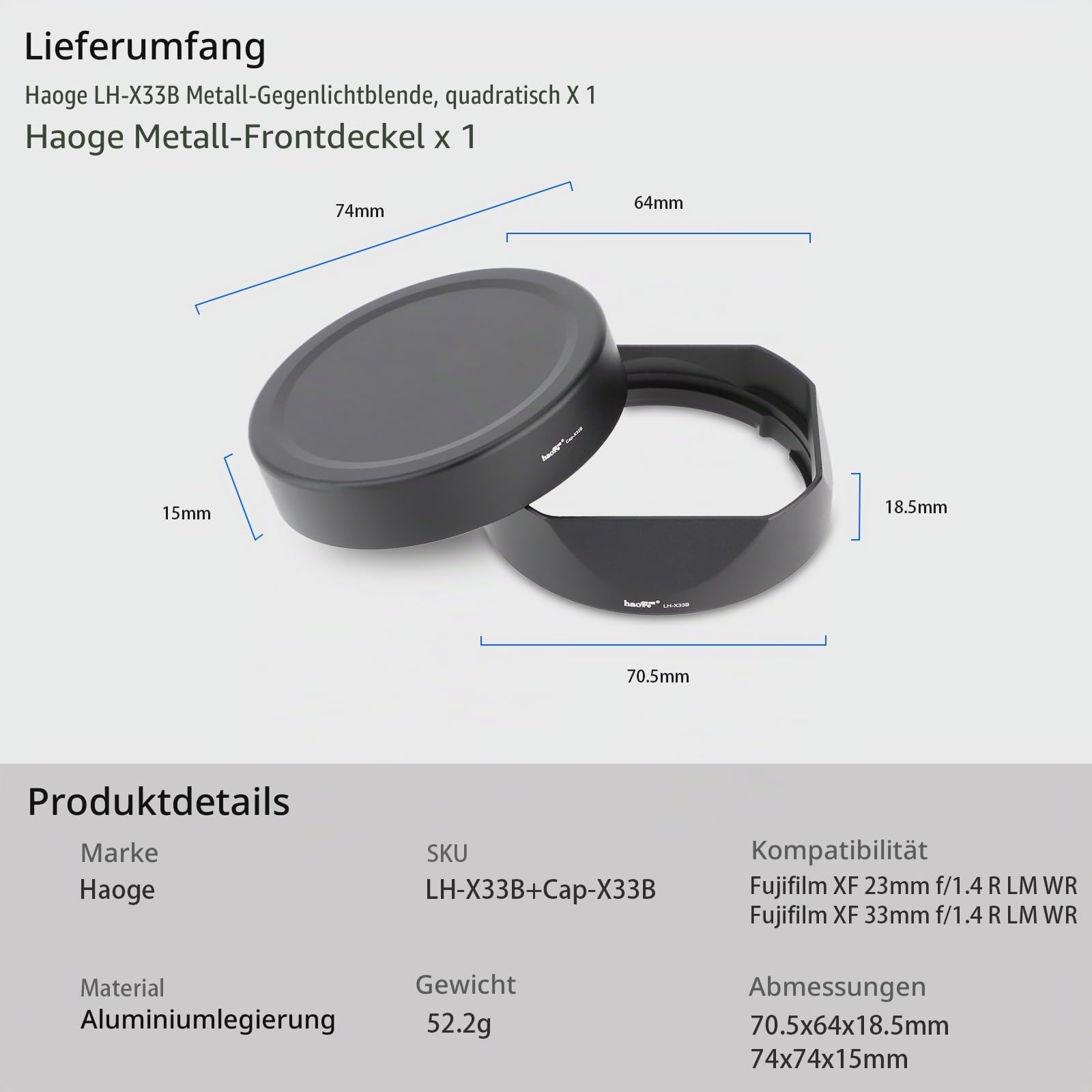 Haoge Gegenlichtblende aus Metall für Fujinon XF23 mm F1.4 R LM WR XF 16-50mm F2.8-4.8 R LM WR Fuji XF 33mm F1.4 R LM WR Objektiv