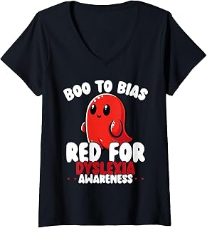 Womens Boo to Bias Red for Dyslexia Awareness Ghost V-Neck T-Shirt