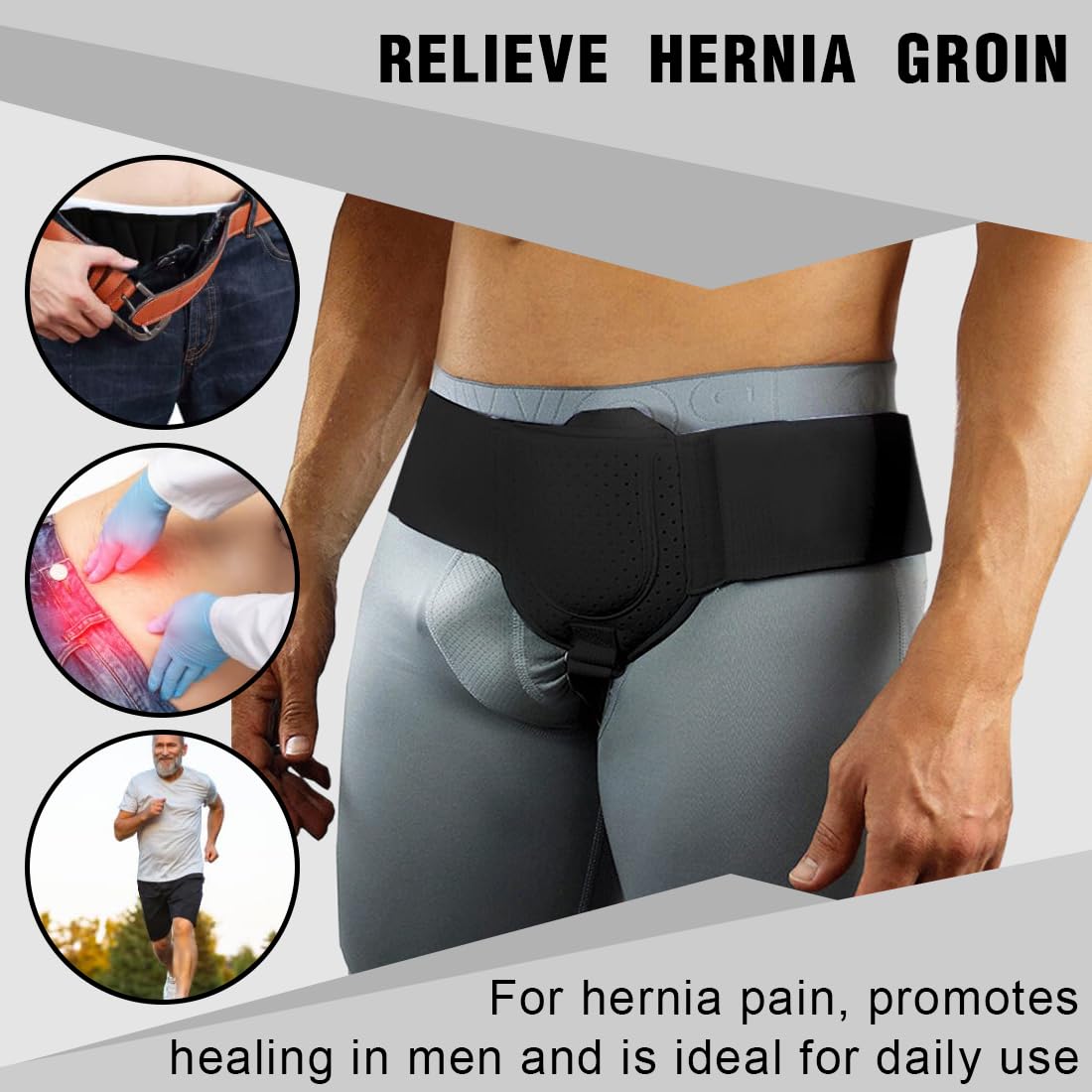 Ceinture herniaire pour homme et femme Ceinture herniaire réglable flexible Soutien herniaire Soulagement de la douleur avec coussinets de compression amovibles Hernie(Noir