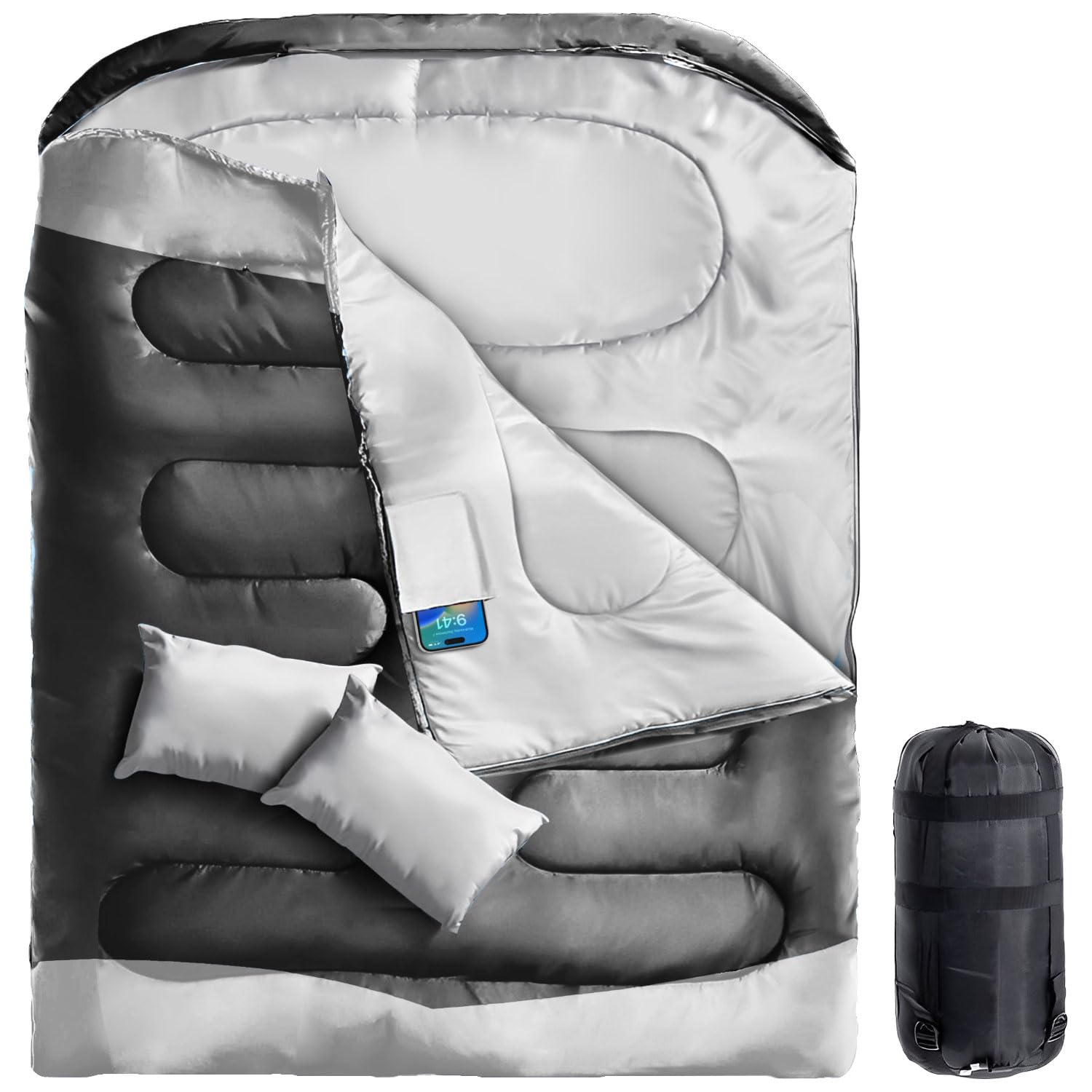 Double Sleeping Bag, Sleeping Bags for Adults with 2 Pillow, XL Queen Two Person Sleeping Bag for Cold/Warm Weather with Pocket, Camping Sleeping Bag for Hiking/Backpacking/Truck/Tent/Sleeping Pad