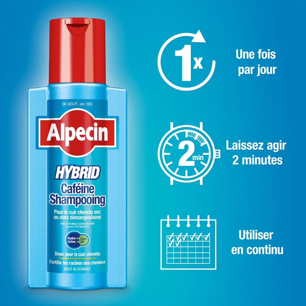Alpecin Shampooing Hybride à la Caféine 3x250ml | Antipelliculaire | Contre les cheveux secs | Shampooing Homme | Traitement anti-calvitie