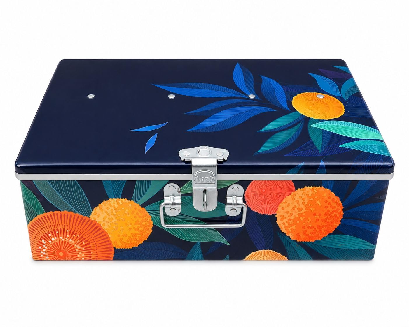 Metal Storage Box with Floral Design, Navy Blue, Glossy Finish, 16x10.5x5.5 Inches, Secure Locking Clasp, for Documents, Cash, Stationery-image-24