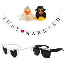 Just Married Car Decorations, Wedding Decor Set for Cars, 5 Pcs Car Decor Set Includes Banner, Sunglasses, Bride and Groom Rubber Ducks for Wedding Parties and Photo Props