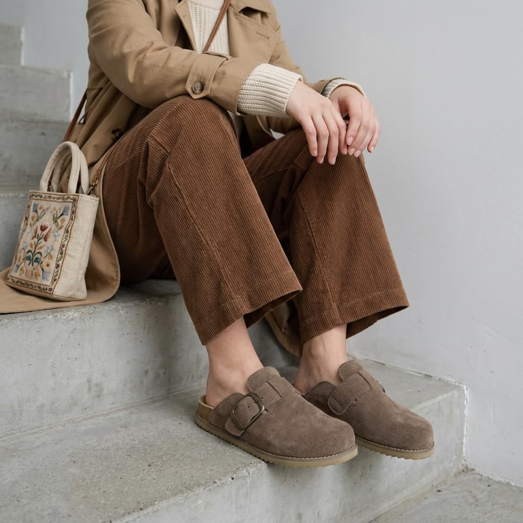 CUSHIONAIRE Women's Blain Genuine Suede Slip-On Clogs with + Memory Foam & Chic Buckle Mule - Comfortable, Non-Slip, Wide Widths Available