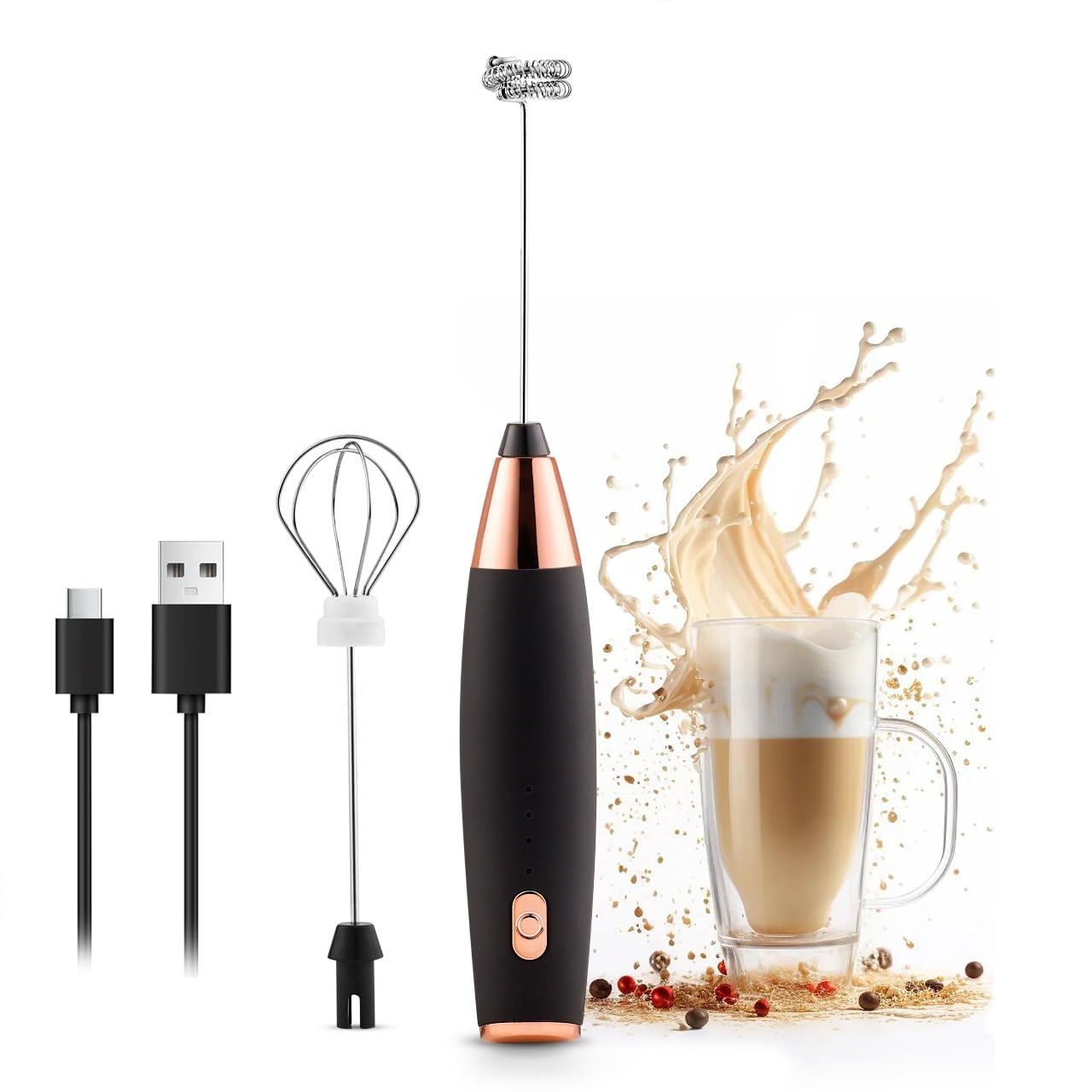 QLECT Pro Coffee frother Electric with 3 Whisker & Stand 3-Speed Adjustable 1200mAh Battery Milk Blender Beater Handheld Foam Maker Mixer Gift 12000 RPM Lattes Cappuccino