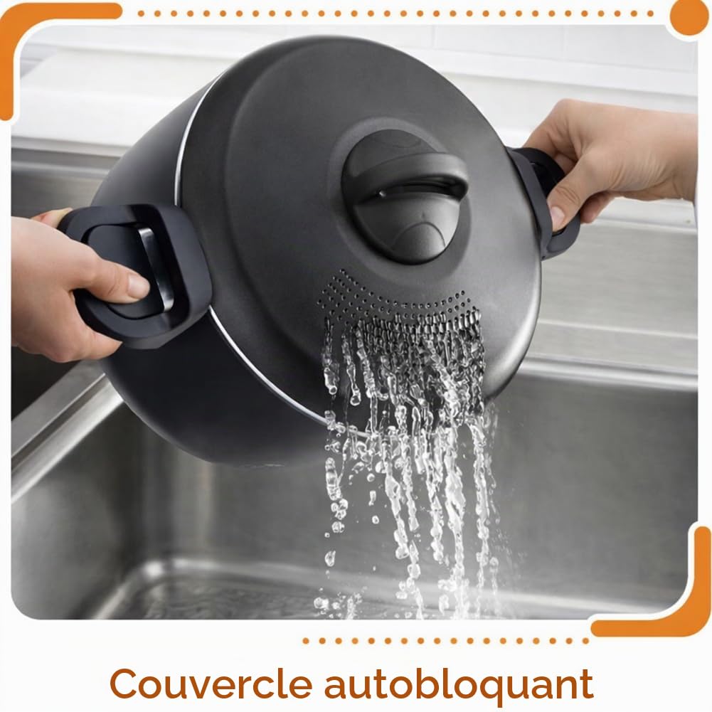 BAKAJI Casserole Scolì de 22 cm avec passoire intégrée et poignées mobiles et ergonomiques, casserole antiadhésive en aluminium avec poignées bloquantes, sûre et pratique, idéale pour les pâtes