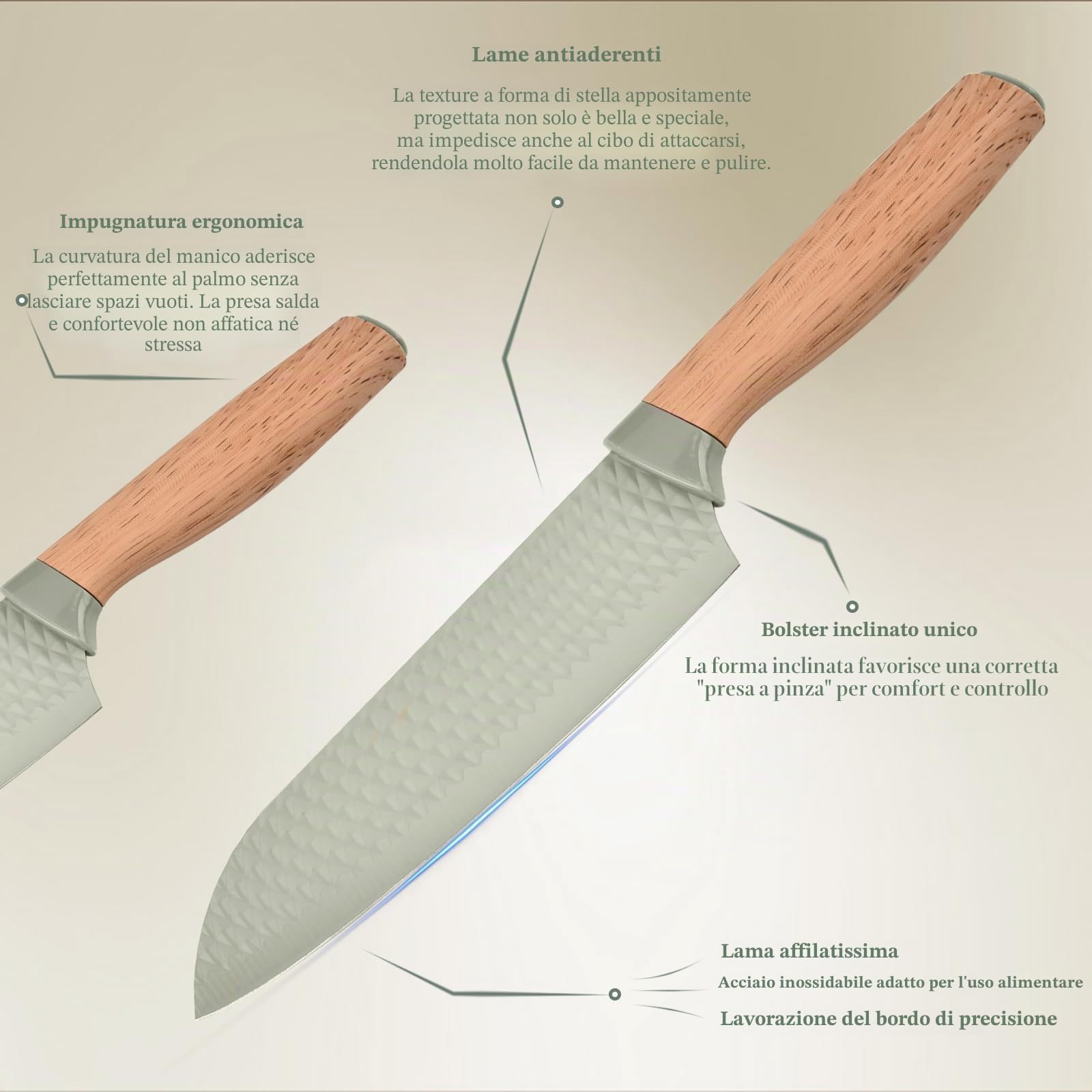 Set di 10 utensili da cucina, 10 coltelli antiaderenti in acciaio inox e spatole da cucina in silicone con supporto, manico ergonomico in legno (verde)