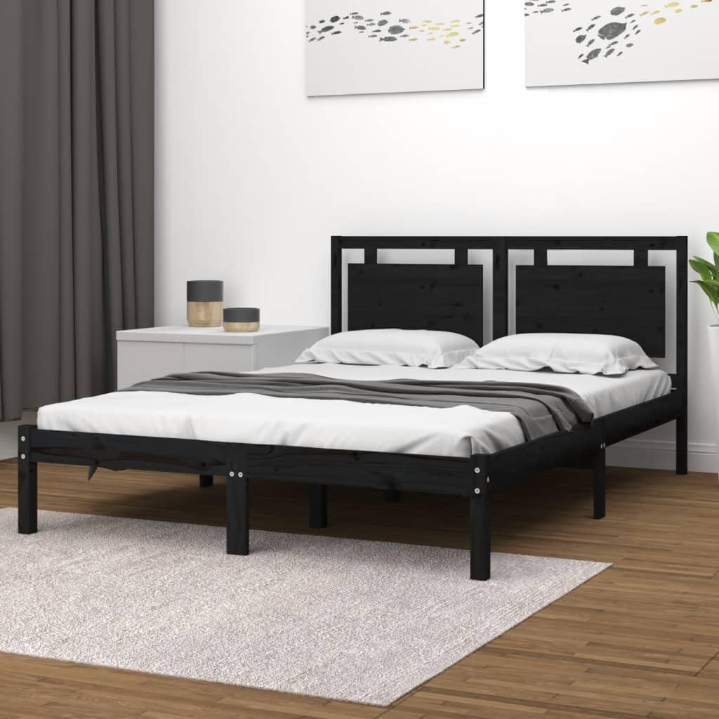Lite drewno sosnowe klasyczny design klasyczna rama czarny 200x200 cm | Rama łóżka czarna lite drewno sosnowe 200x200 cm z wezgłowiem listwy ze sklejki