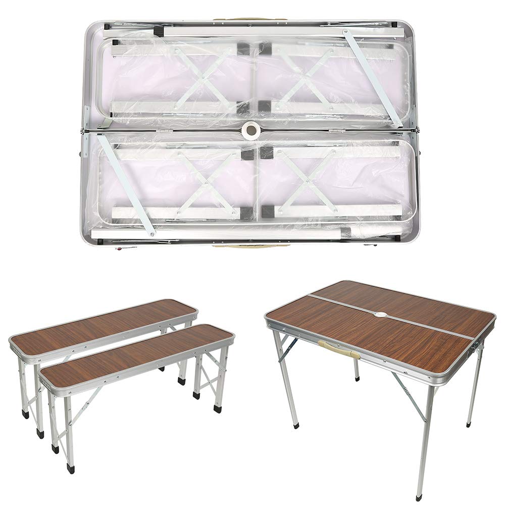 OHMG Tables de Pique-Nique,Table de Camping,Table Pliante Valise avec 2 bancs avec Un Poids Faible grâce au Cadre en Aluminium, Aspect Bois avec Poignées de Transport Marron,90 * 60 * 70cm