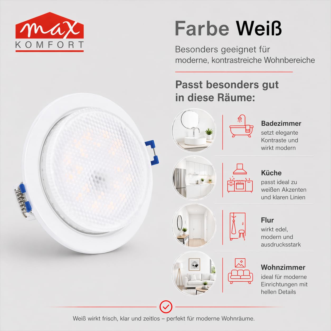Maxkomfort 20er Set LED Einbaustrahler GX53 Fassung Weiß - Max 13W Einbauleuchte Deckenstrahler Ø90mm Bohrloch 35mm Flache Einbautiefe - Metall Deckenspot Einbauspot für Wohnzimmer Hausbau - GX61-WH