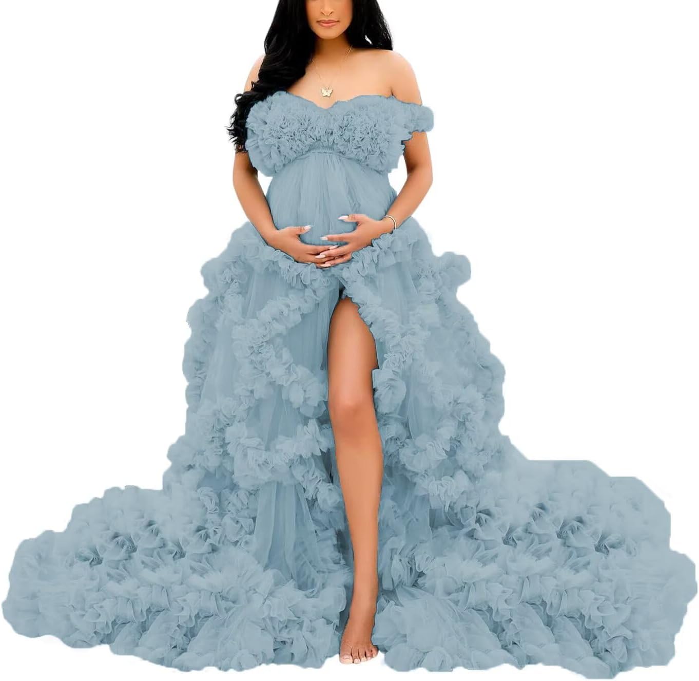 Puffy Tulle Robe for Maternity Photoshoot Ruffles Bridal Lingerie Bathgown Baby Shower Dress
