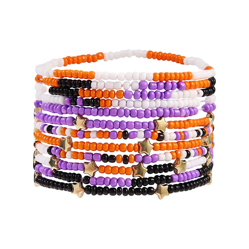 Handmade Halloween Multi-layered Beaded Bracelet for Women Black Orange Purple Colorful Halloween Thanksgiving Christmas Gifts Elastic Funny Pumpkin Ghost Halloween Bracelet