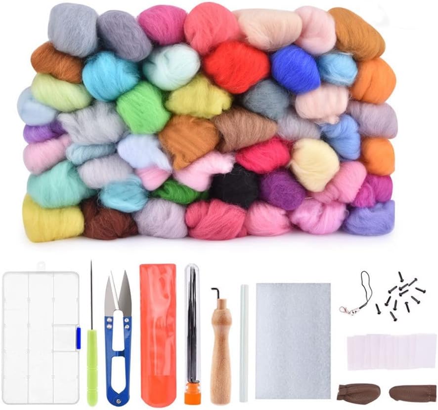 50 Colors Wool Needles Felting Kit tural Fiber Wool Yarn Roving Handmade Felt Needle Set Wool Felt DIY Craft Kit (Color : As Shown Size : One Size)