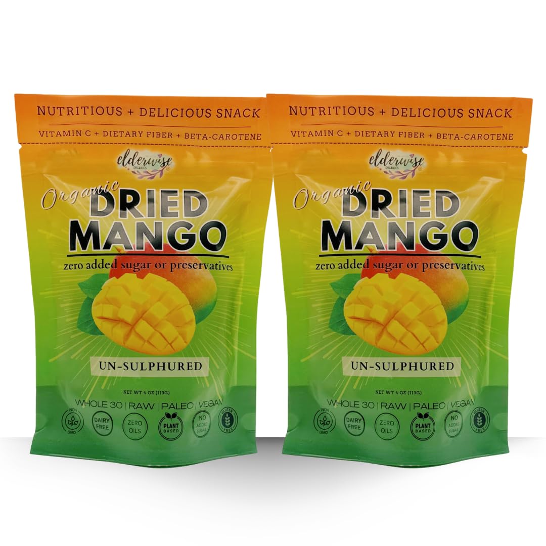 Elderwise Dried Mango | Unsweetened Dried Mango Slices | Un-sulphured, No Preservatives Mango | Gluten Free Dry Mango Source of Vitamin C and Fiber from Nature (Resealable 4 Ounce Bags, Pack of 2)