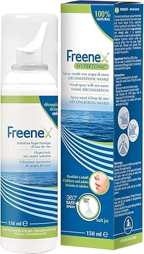 FREENEX Spray Nasale Acqua di Mare Ipertonico, Decongestionante per Naso Chiuso, Raffreddore, Sinusite e Rinite Allergica. Naturale, Adatto a Bambini (6+) e Adulti.150 ml