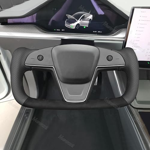 Miniatura 9 de MEWANT Funda para volante de automóvil de piel sintética y fibra de carbono brillante para Tesla Yoke Model S Plaid 2021-2023  Model X 2021-2023,