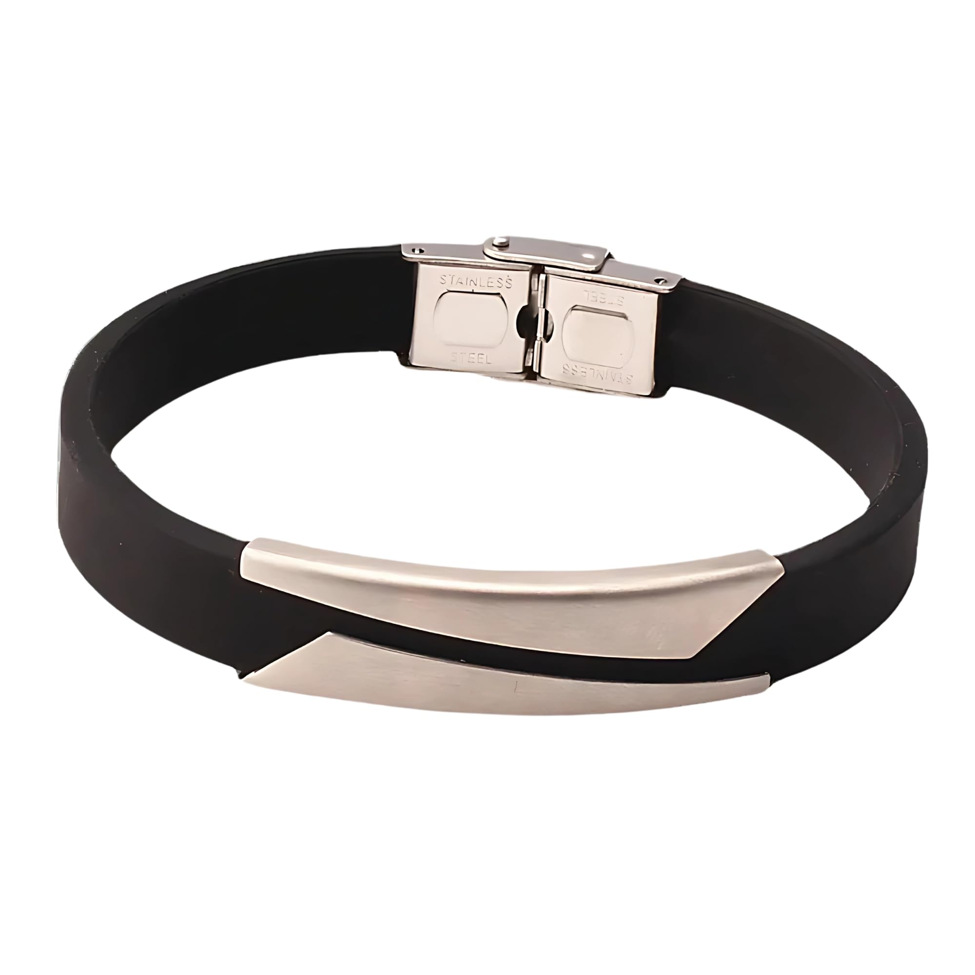 BLAZYZ Pulsera elegante para hombre, silicona negra y acero inoxidable, 20 cm (PLATA)