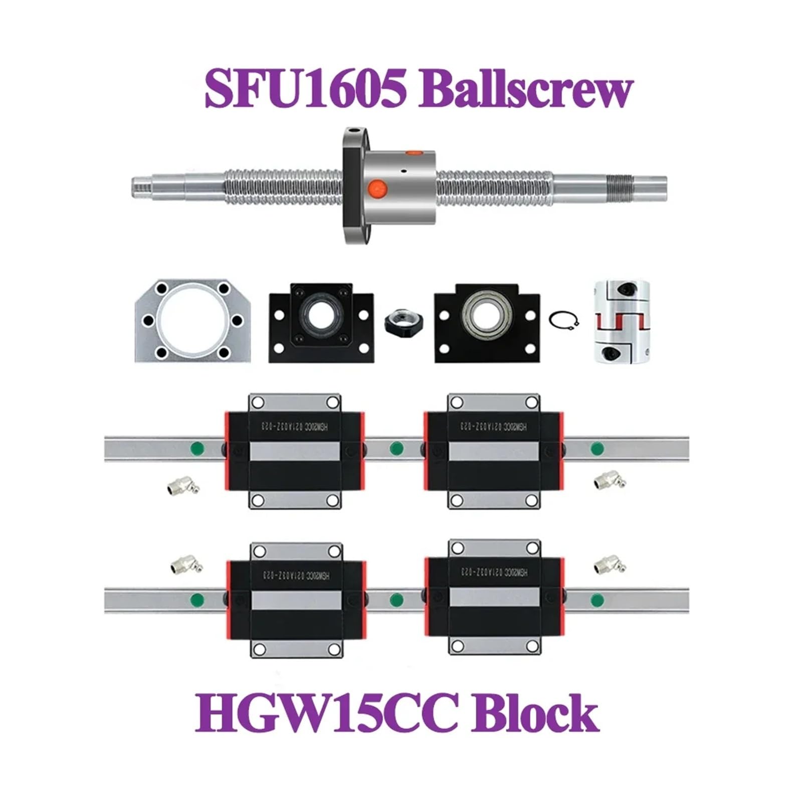 Lot de 2 guides linéaires HGR15 + 4 chariots HGH15CA ordinaires/blocs en acier + 1 kit de vis à billes SFU1605 avec coupleur de 8 mm pour CNC (HGW15CC, 400 mm)