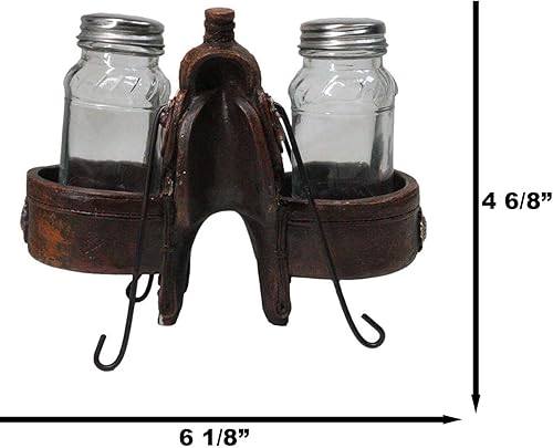 Miniatura 7 de Ebros Gift Country Western Cowboy Horse Sillín con 2 alforjas y conchos plateados, juego de estatuillas de sal y pimentero, acabado de cuero,