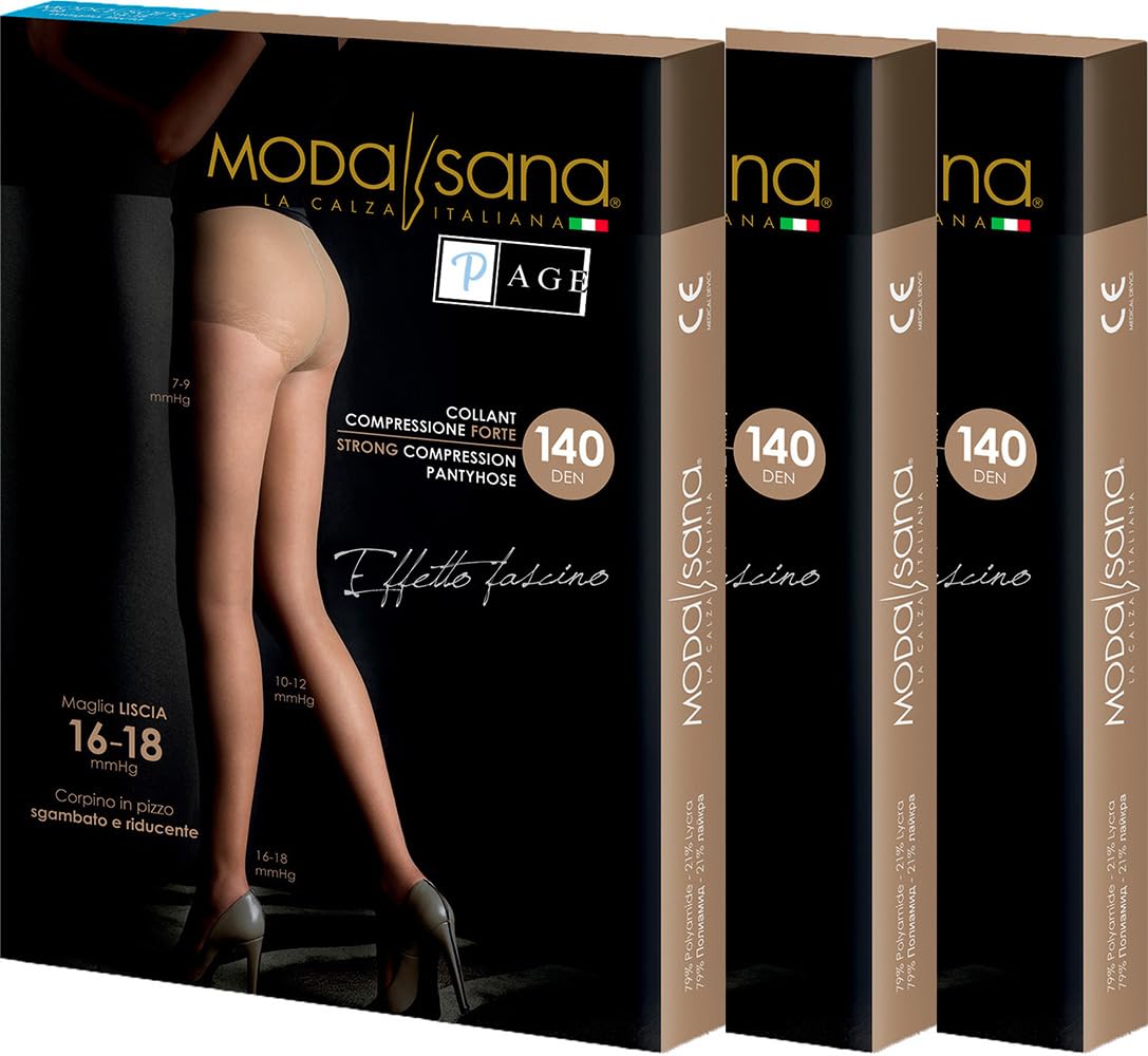 3 Paia di Modasana Collant Colore NERO Maglia Liscia 140 DEN Calze a compressione graduata 16/18 mmHg Size 2