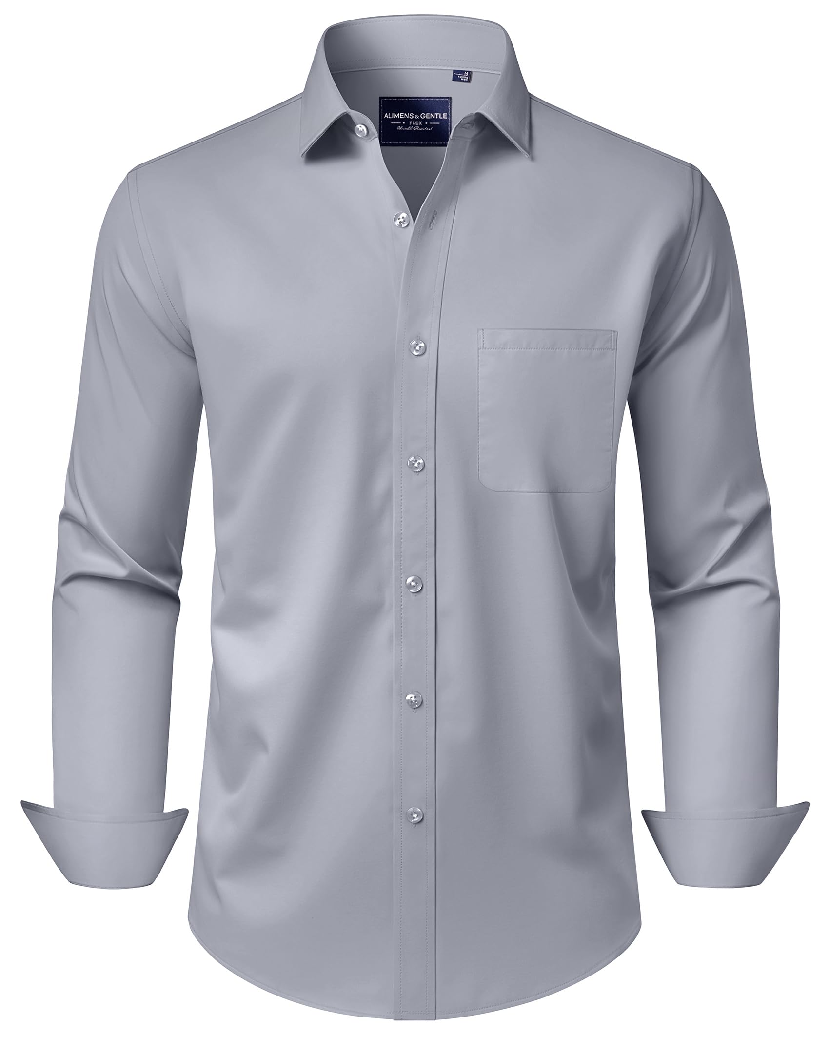 Alimens & Gentle Men's Dress Shirts Long Sleeve Wrinkle-Free Stretch Shirts Solid Formal Button Down Shirt with Pocket, Silver, XL