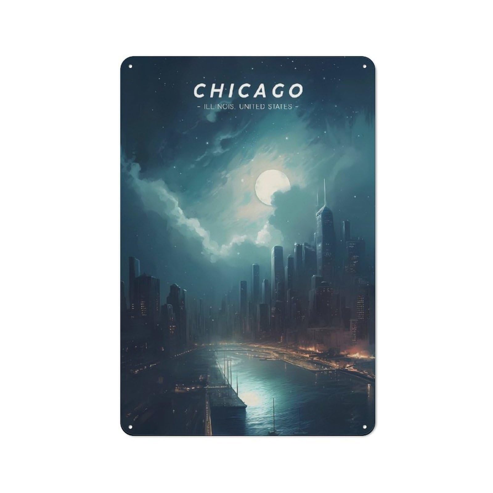 Junmoney Style-7 Modern Vintage Chicago Urban Skyline Office Metal Sign 30X20cm, Creative Space Decor For Hobby Room, Office, Lounge Or Living Room