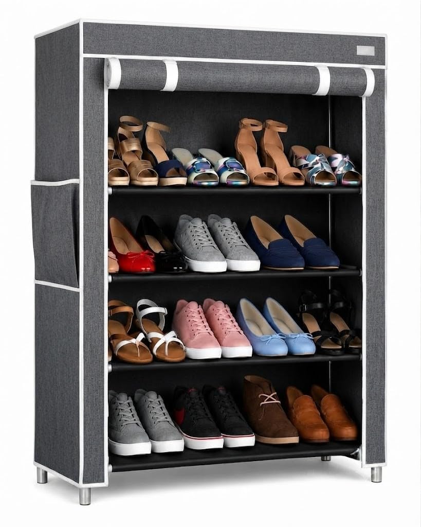 4 Layer Shoe Rack Plastic with Grey Cover | Multipurpose Plastic Shoe Rack for Home | Space Saving Foldable Shoe Stand | Storage Rack for Home, Bedroom & Entryway.-picture-11