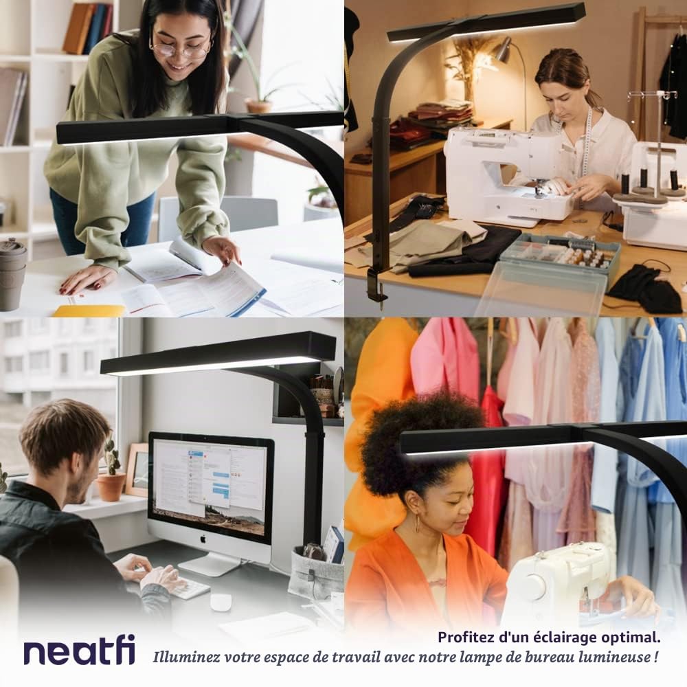 Neatfi (Nouveau modèle) Lampe de bureau LED moderne avec pince, 3 000 lumens, 3000K-6500K, intensité variable, 5 niveaux de luminosité et modes d'éclairage (80 CM, Noir)