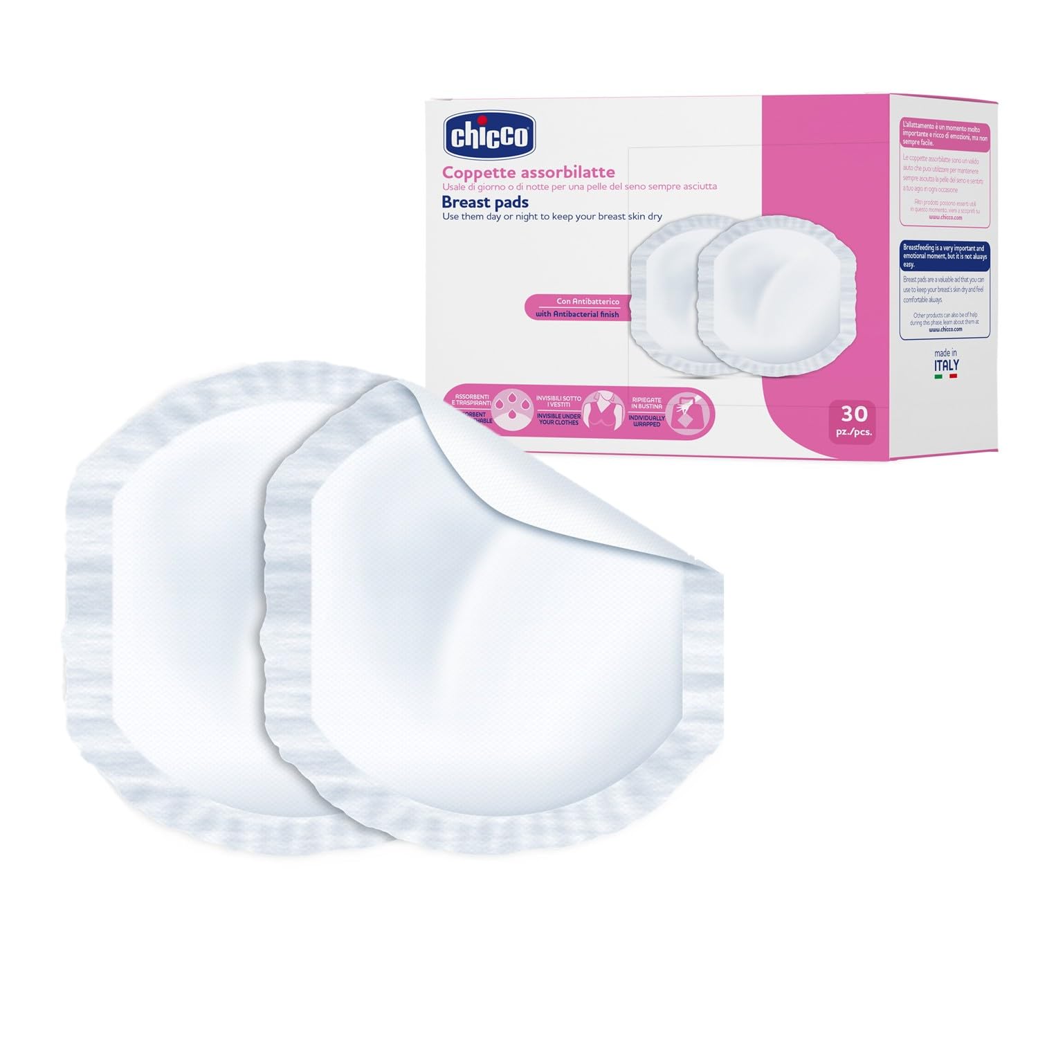 Chicco Anti-Bacterial Nursing Breast Pads, Ultra Thin & Breathable With Super Absorbent Technology, Dermatologically Tested (30 Pieces)