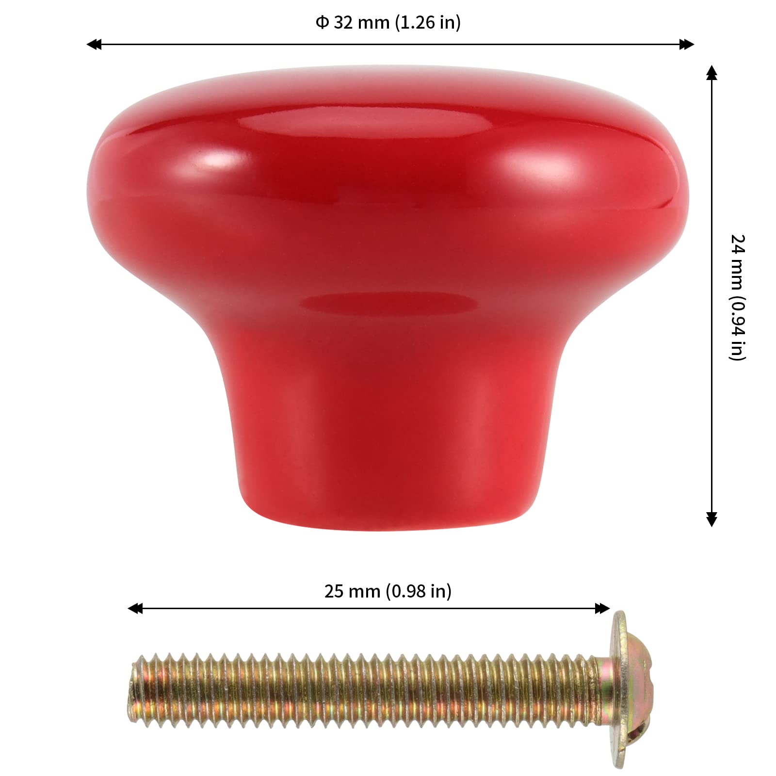 JAPCHET Lot de 35 boutons de placard en céramique rouge à trou unique avec vis, bouton rond en forme de champignon pour armoire de cuisine, placard, armoire, commode
