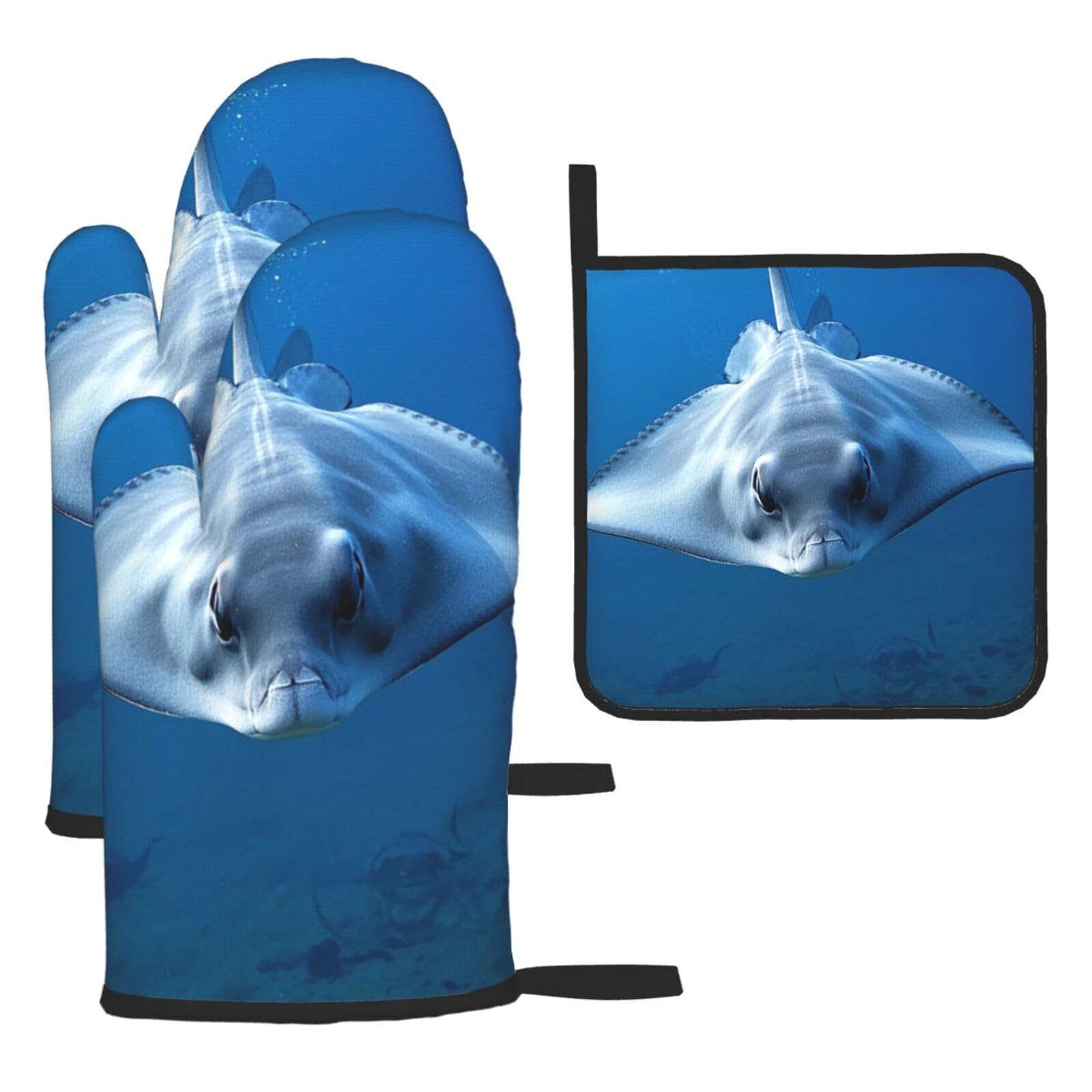Oven Mitts and Pot Holders Sets of 3 Heat Resistant Kitchen Gloves Sea Animals Stingrays Oven Mitts BBQ Gloves Oven Gloves and Hot Pads Non-Slip Potholders for Kitchen Baking Cooking