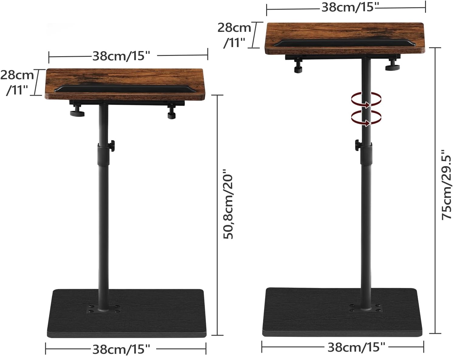 MAHANCRIS TV Tray Table, Height Adjustable TV Trays with 360° Swivel, Space-Saving Side Table for Couch, Multi-Functional Sofa Table with Anti-Slip Bar, Bedside, Rustic Brown and Black ETHR4501