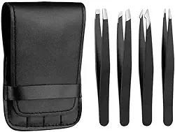 Conjunto de pinças – Pinças profissionais de sobrancelha de aço inoxidável para crescimento interno de pelos e remoção de detritos, com estojo de couro de viagem