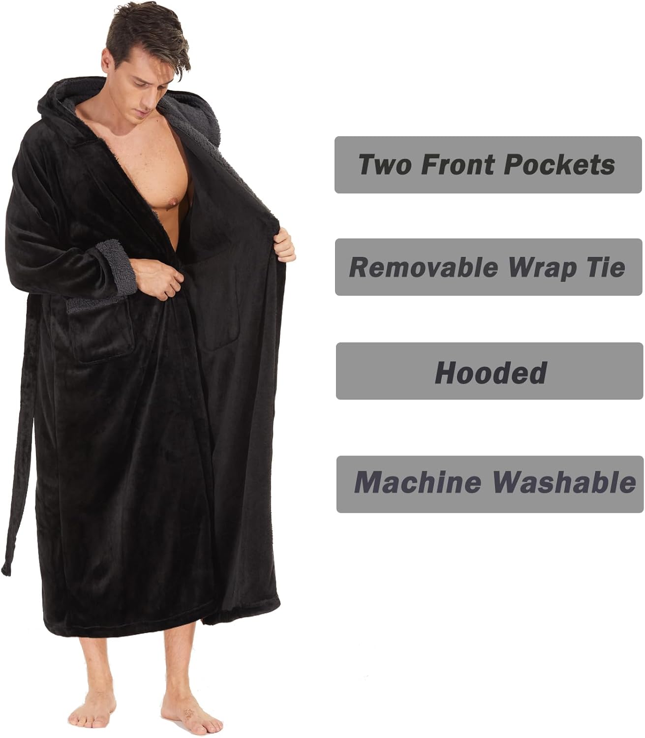 ccko Mens Robe with Hood, Big and Tall Warm Soft Plush Robes for Men, Men's Bathrobe with Pockets for Spa Bath Shower - Image 3