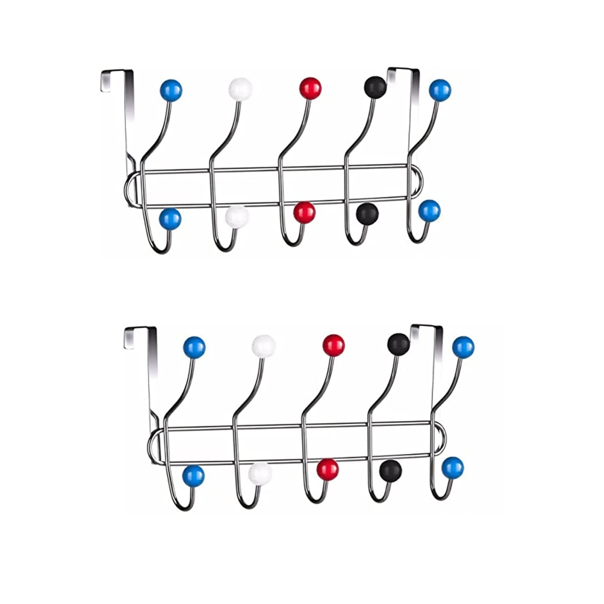Pnjb 2 Pcs 10 Hook Multi Colour Over The Door Clothes Coat Hanger Rack, Chrome Hangers, Storage Hooks Hanger For Coat, Towel, Bag, Purse, Robe (Multi-Color) (2 Pcs)