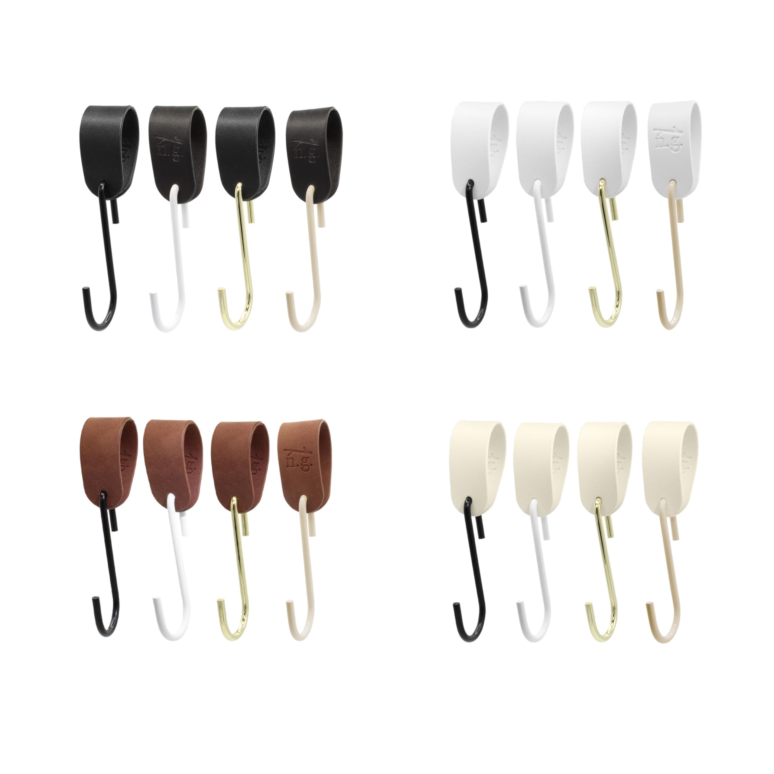 Gancio appendiabiti GARD con gancio a S | Passante in pelle PU vegana | Cinturino in pelle sintetica decorativo per aste di guardaroba, appendiabiti, cinghie in pelle (nastro marrone/gancio beige, set