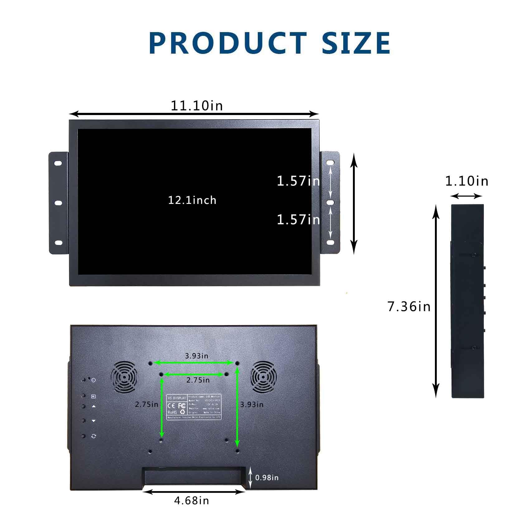 VSDISPLAY Monitor industriale TFT LCD da 12,1 pollici 1280x800 16:10