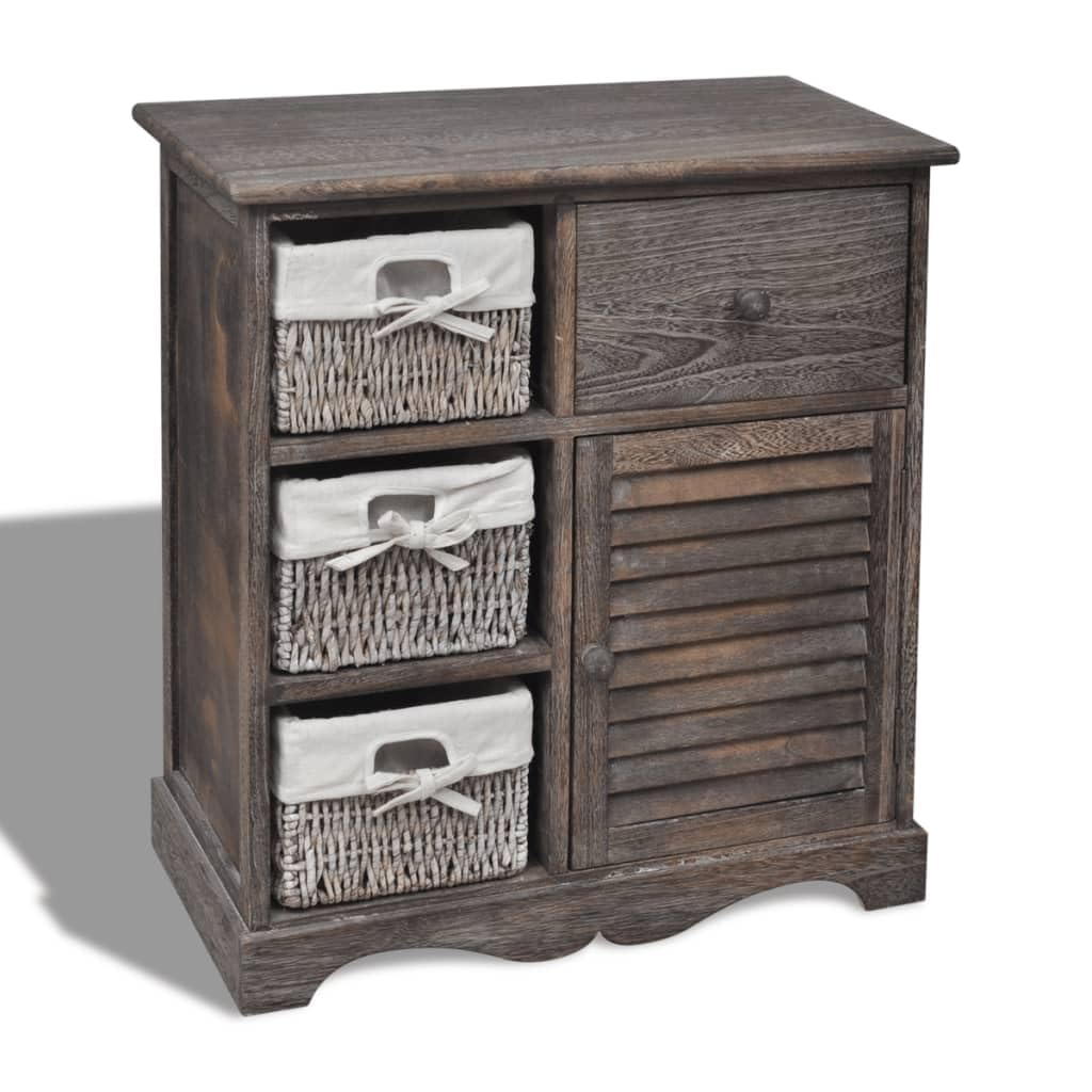 Cassettiera con 3 cestini, marrone, armadio in legno di paulownia, scaffale in stile rustico per corridoio e soggiorno, armadietto con cestini, 60 x 30 x 63 cm