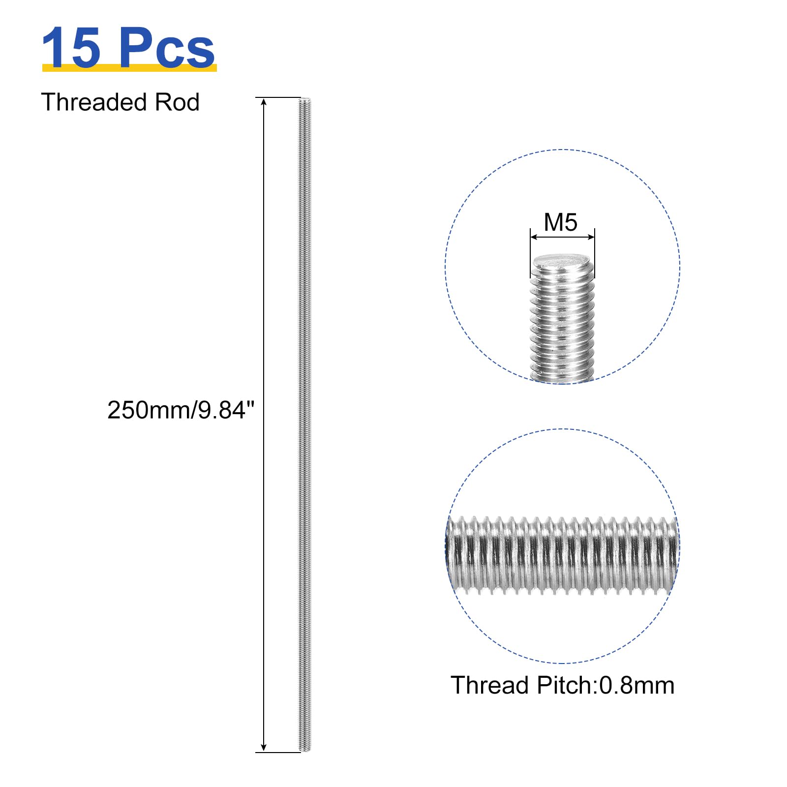 QUARKZMAN 15Pcs Barra Filettata M5 x 250mm Completa Barre Perno Passo 0.8