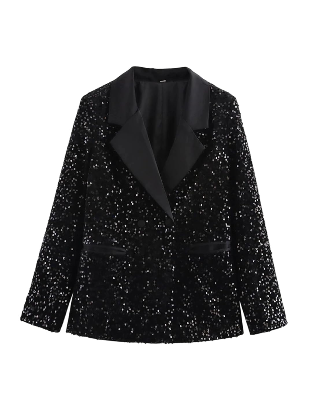 Womens Spring Sequined Blazer Rock Style Double Breasted Satin Notched Collar Outerwear