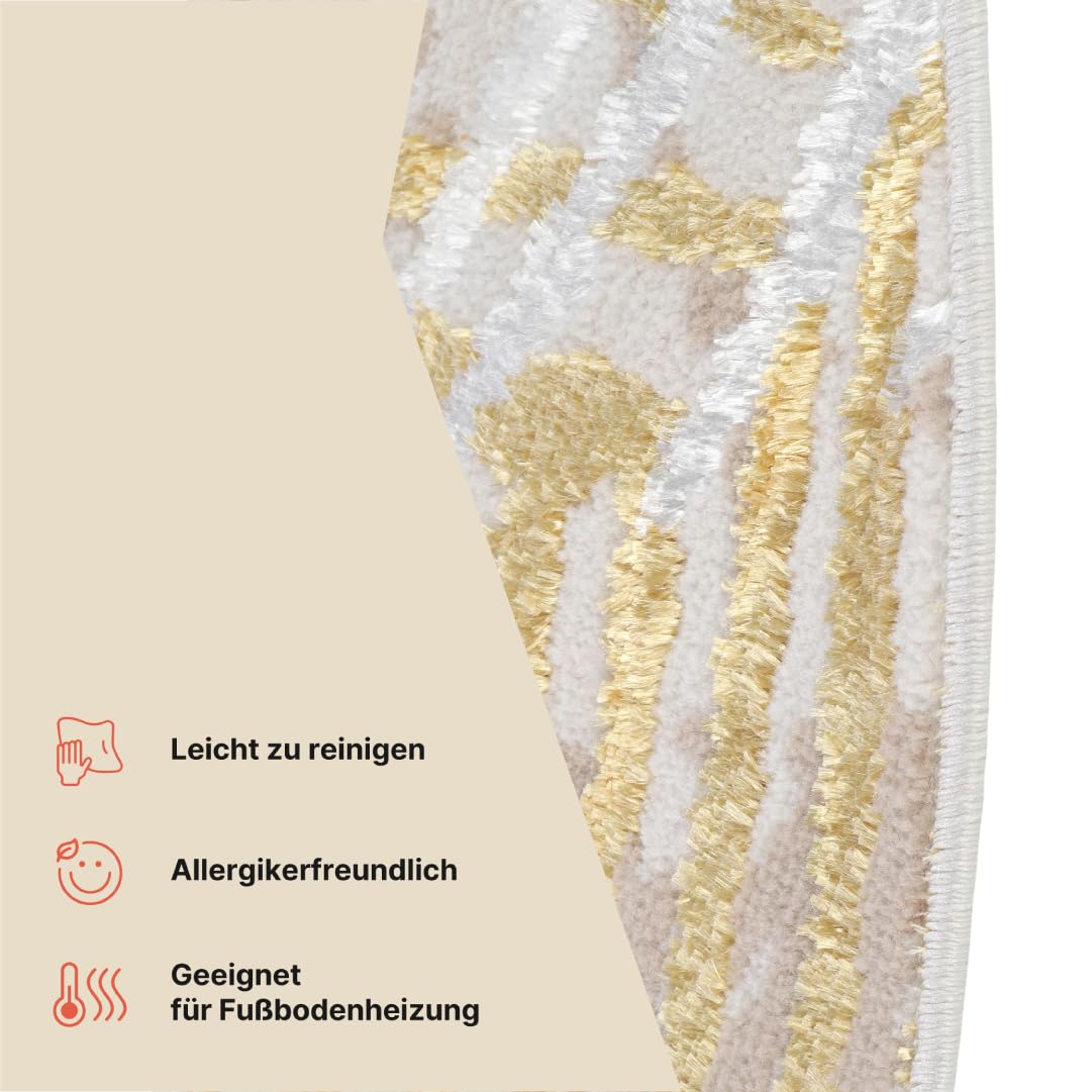 TAPISO Crystal Rund Teppich Kurzflor Glänzend Gold Weiß 120 x 120 cm | Palmenblätter Feder 3D Effekt Wohnzimmer Schlafzimmer Modern Design OEKO-TEX
