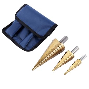 Step Drill Bit Set, 3Pcs Coated High-Speed Steel Step Drill Bit Set, Large HSS Steel Step Cone Drill Bit Set for Metal Wood Drilling Hole Cutter, Blue Storage