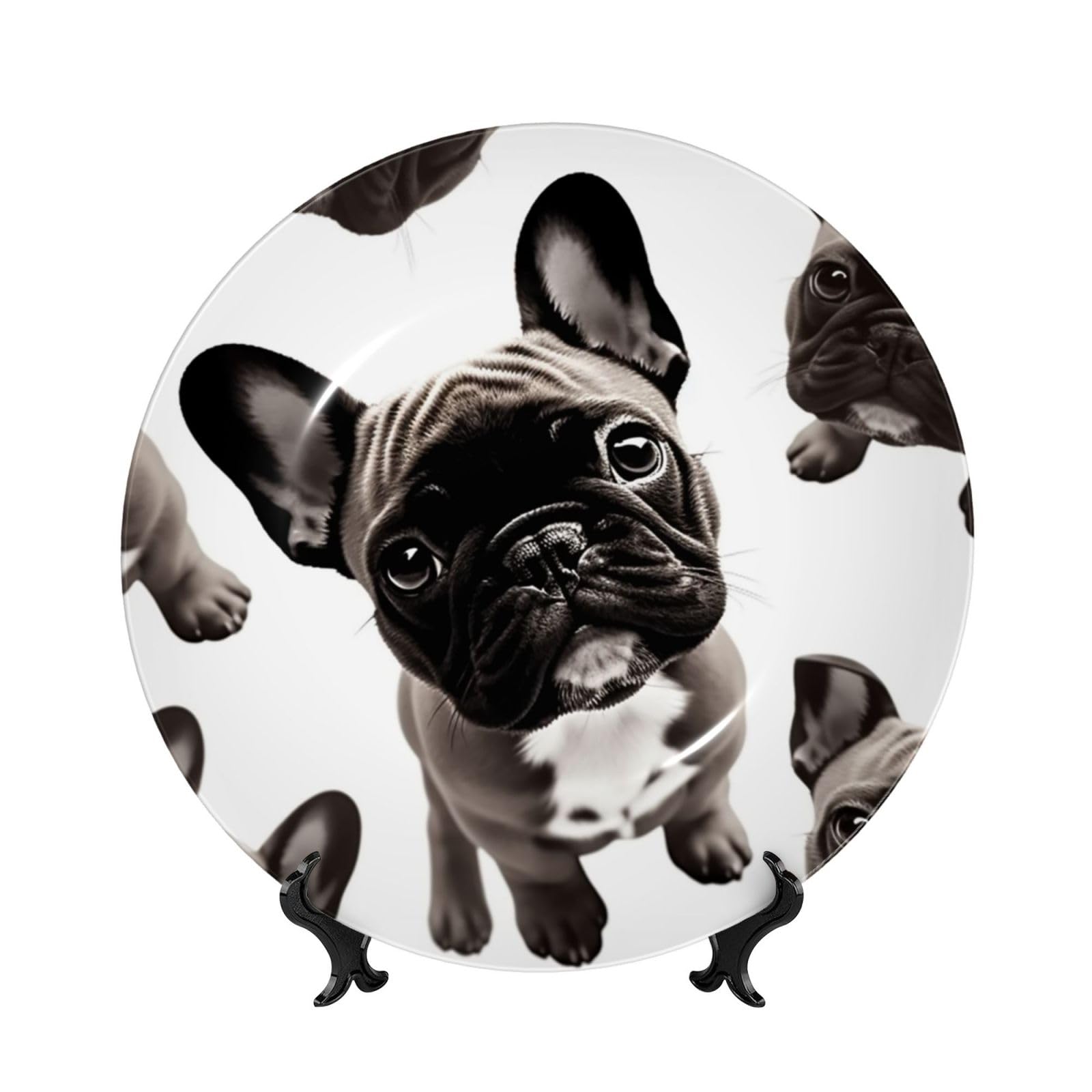 Assiette porcelaine bouledogue français 25cm avec support pour deco salon