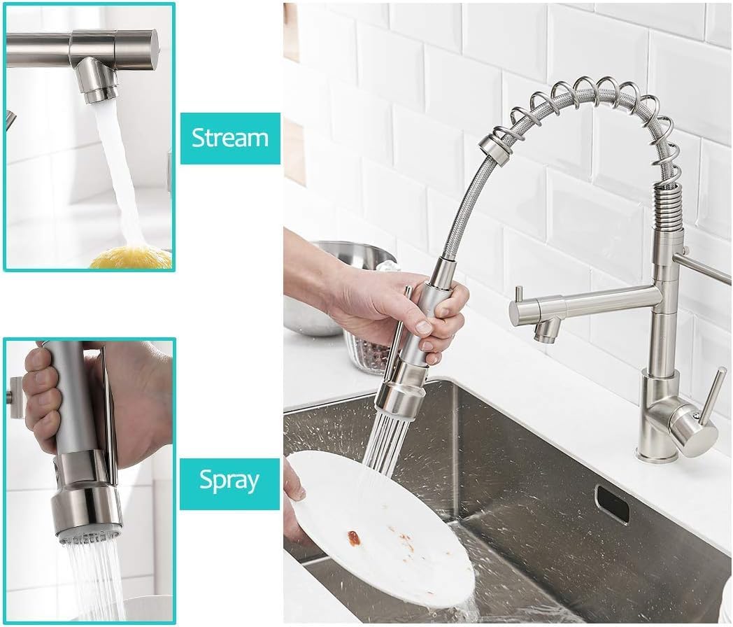 WANMAI Pull Down Kitchen Faucet with Lock Sprayer Single Handle Spring Brushed Nickel Kitchen Sink Faucet High Pressure Stainless Steel Commercial Faucet Dual Spout