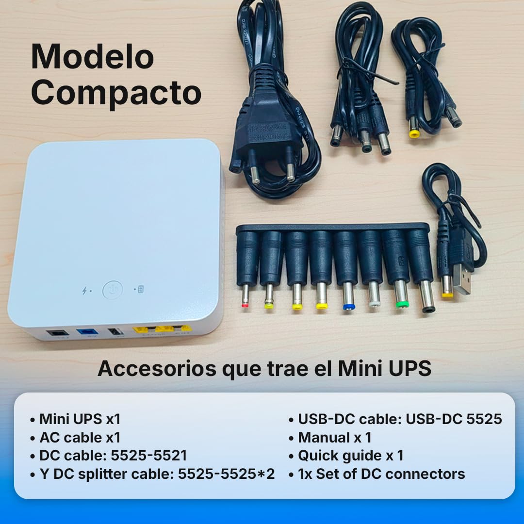 Mini UPS | Mini SAI AC-DC con Batería Interna 8800mAh | Salidas 5V/9V/12V/PoE | Ligero y Compacto Ideal para routers, cámaras IP, alarmas y Dispositivos DC, Protege Ante Cortes de luz y sobrecargas
