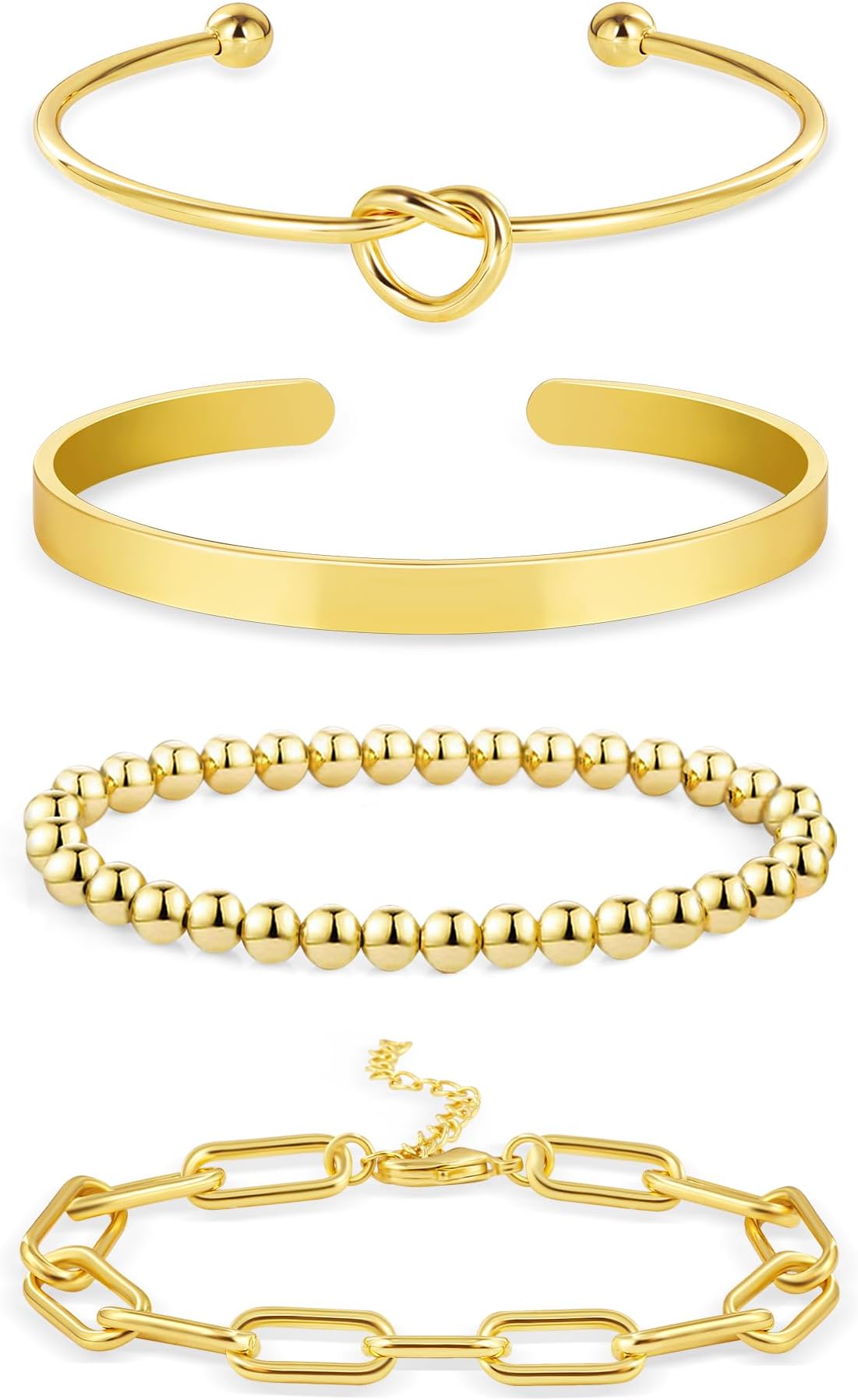 14K Gold Chai14K Gold Chain Bracelets Set for Women, Dainty Paperclip Link Bead Stackable Layered Bracelets Metal Fashion Jewelry