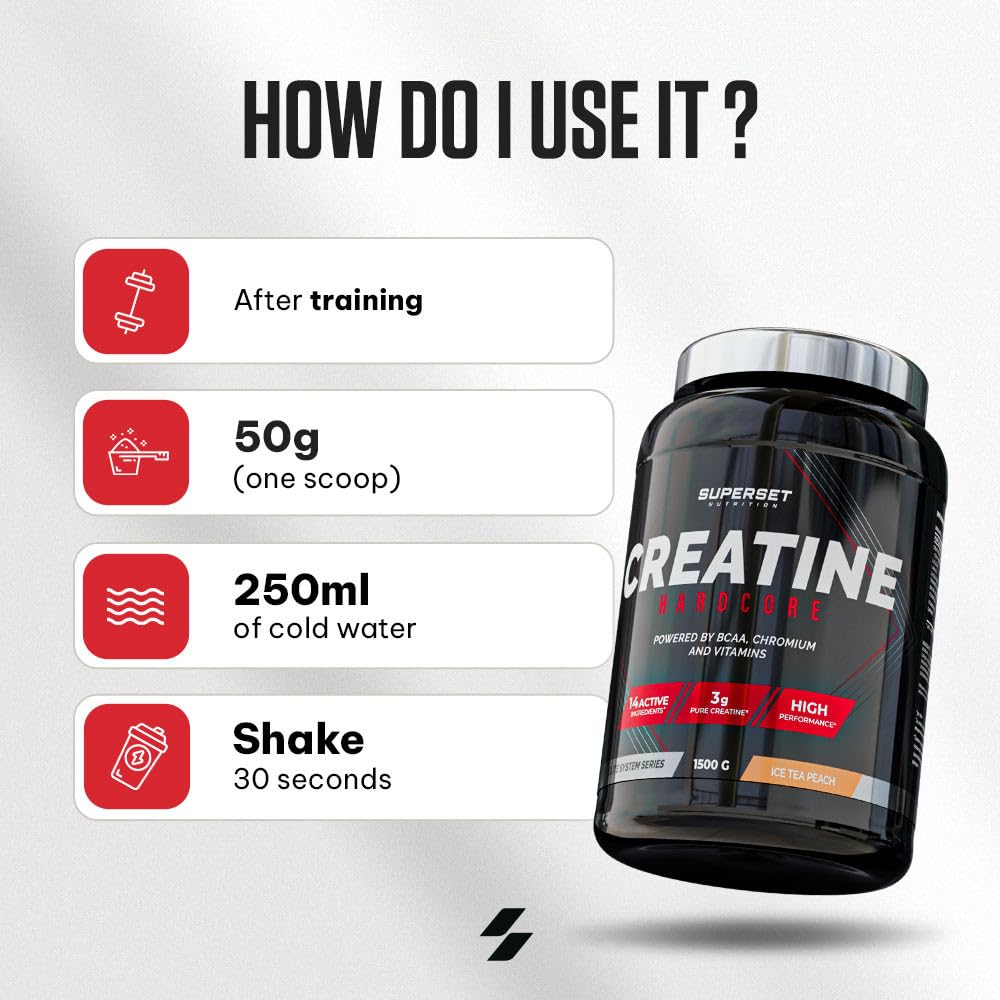 Superset Nutrition - Creatine Hardcore (1,5kg) - Poudre soluble - 3g de créatine monohydrate par dose, BCAA, Glucides - Récupération optimale et puissance - Adaptée aux sports intenses - Tropical