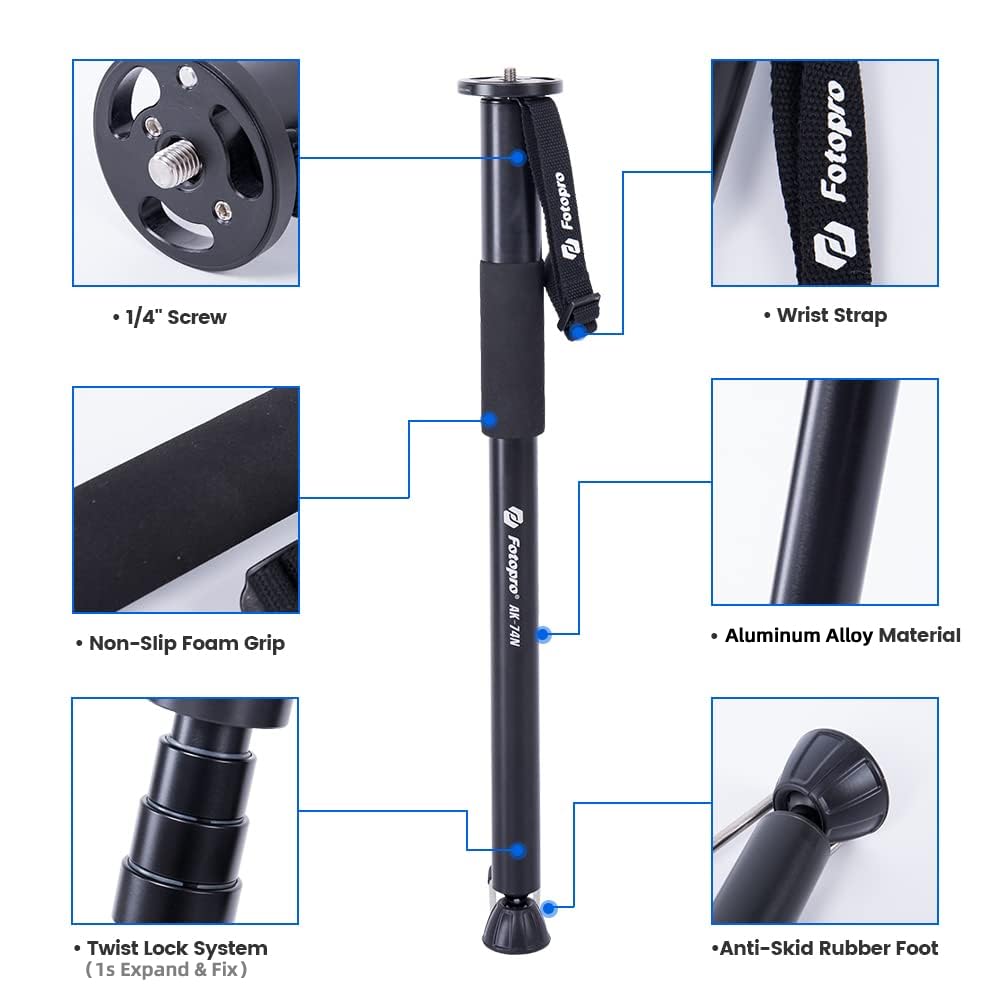 Fotopro Caméra Monopode 160 CM Aluminium Professionnel 4 Section avec Base de Support Charge Max jusqu'à 11lbs