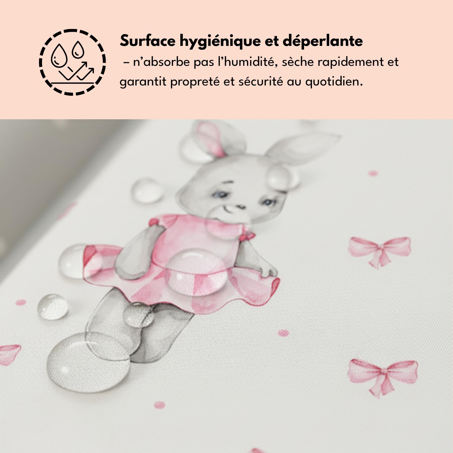 Matelas à langer 50x70 cm blanc avec lapin fille – imperméable & facile à nettoyer, doux pour nouveau-né – coussin à langer pour table à langer – matelas de change bébé