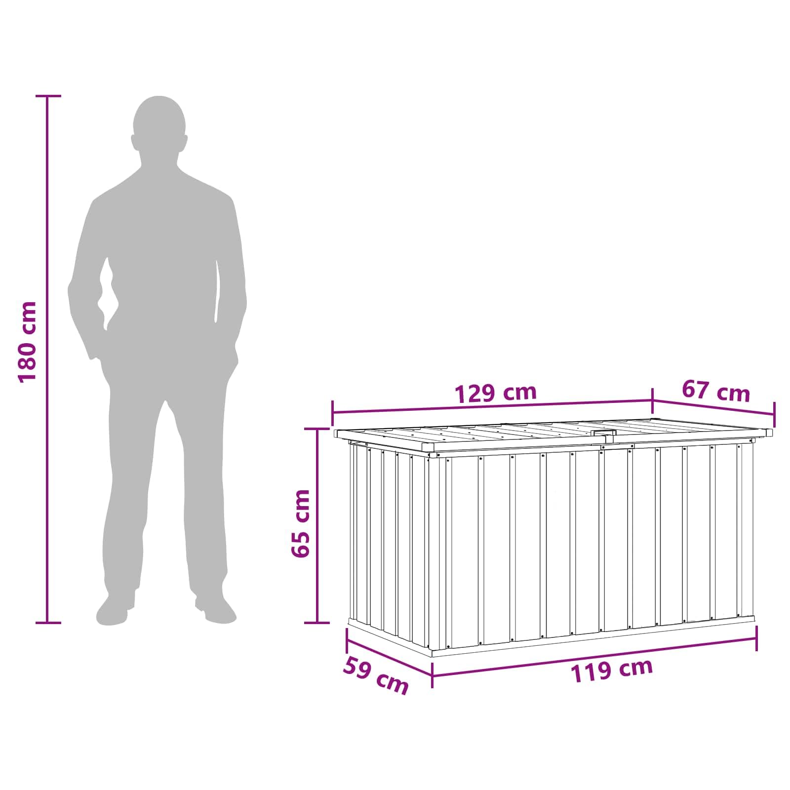 Scatola portaoggetti in legno per esterni, in acciaio zincato, 129 x 67 x 65 cm, resistente alle intemperie, con coperchio ribaltabile, versatile per giardino, balcone, terrazza e come